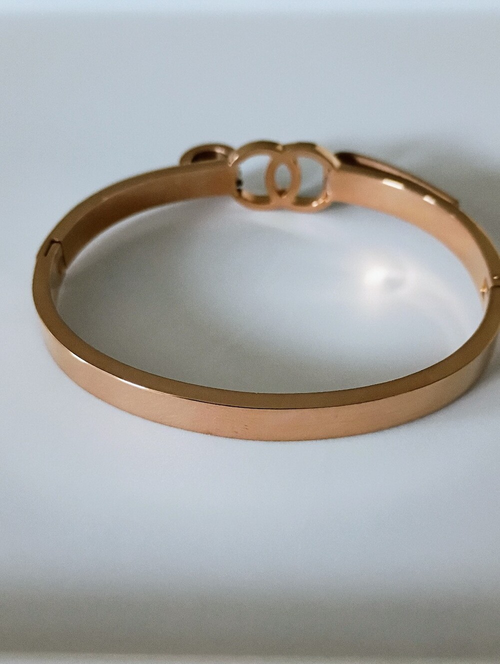New Rose Gold Tone Crystal Logo Bangle Bracelet - Black Accents - Picture 5 of 8